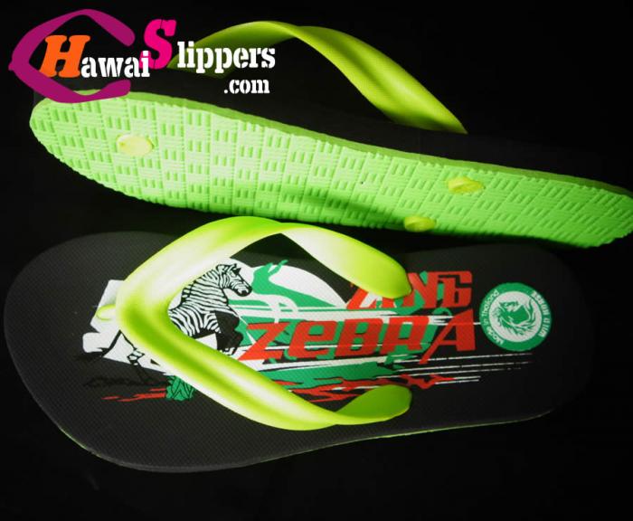 Colorful Vibrant Green Printed Zing Zebra Slippers With Wild Horse Logo